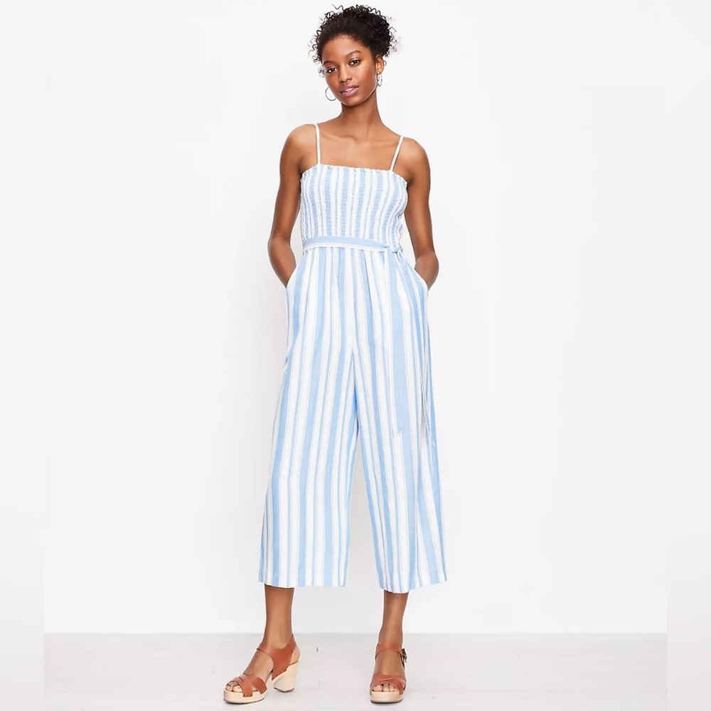 LOFT Striped Smocked Strappy Jumpsuit Size Large